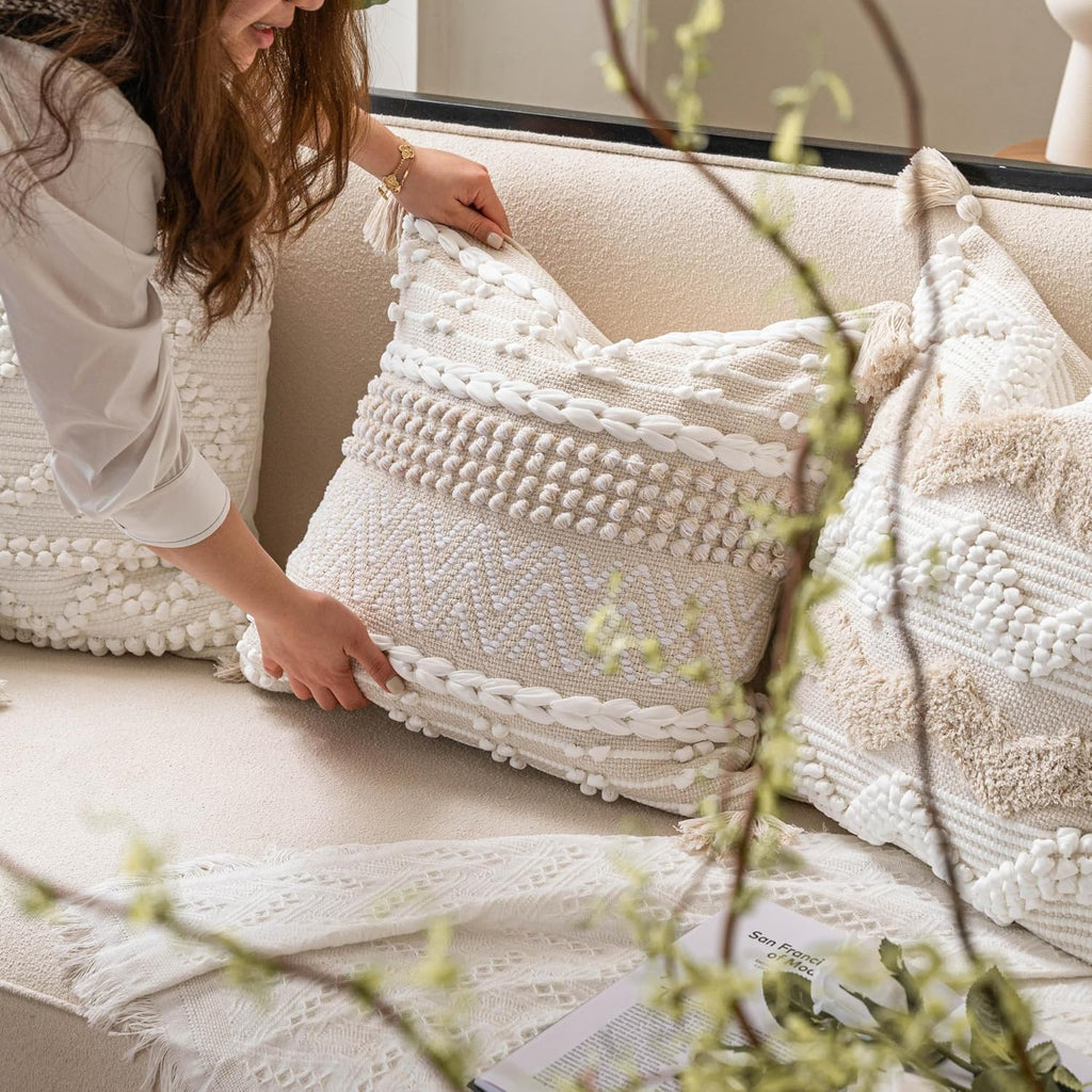 BlissBlush Boho Throw Pillow Cover 20X20, Decorative Accent Pillow for Couch, Square Woven Textured Pillowcase, Modern Boho Pillow for…