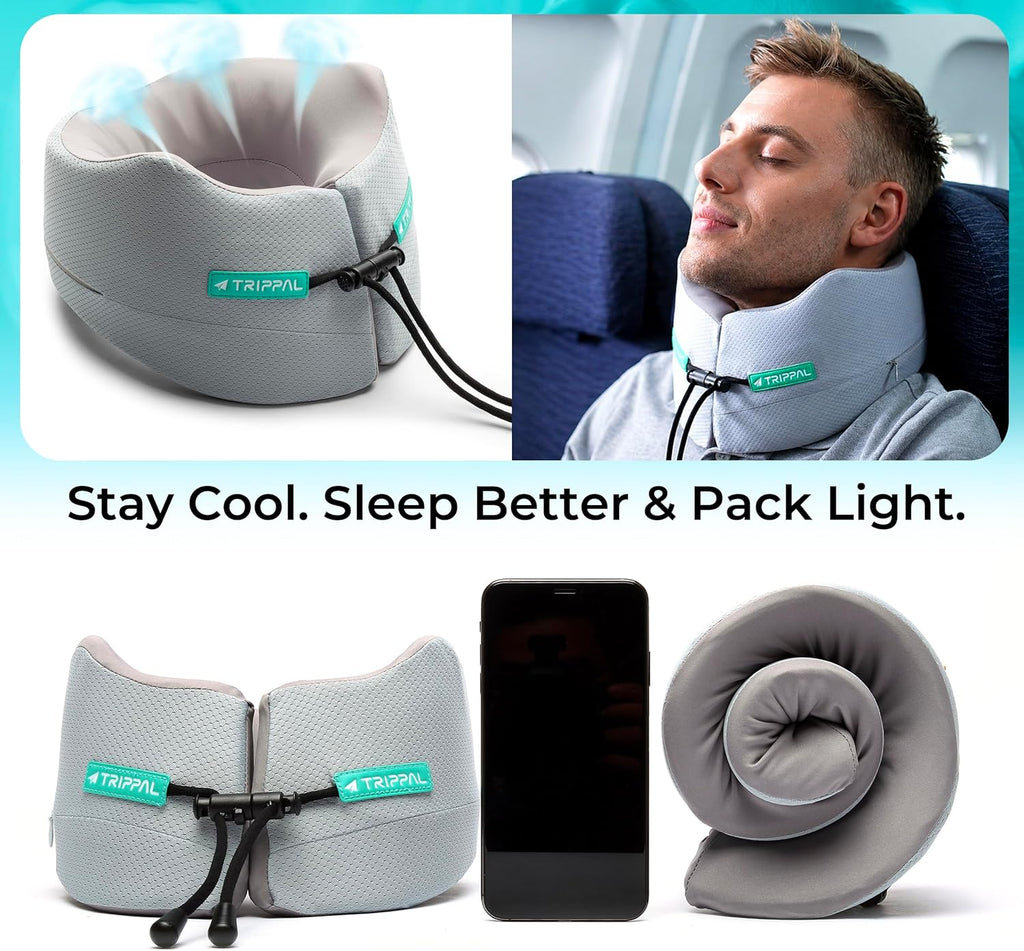 Trippal Neck Support Travel Pillow for Airplane: Firm Core Memory Foam Supports 8 lbs Without Collapsing - 360° Chin & Neck Support Prevent…