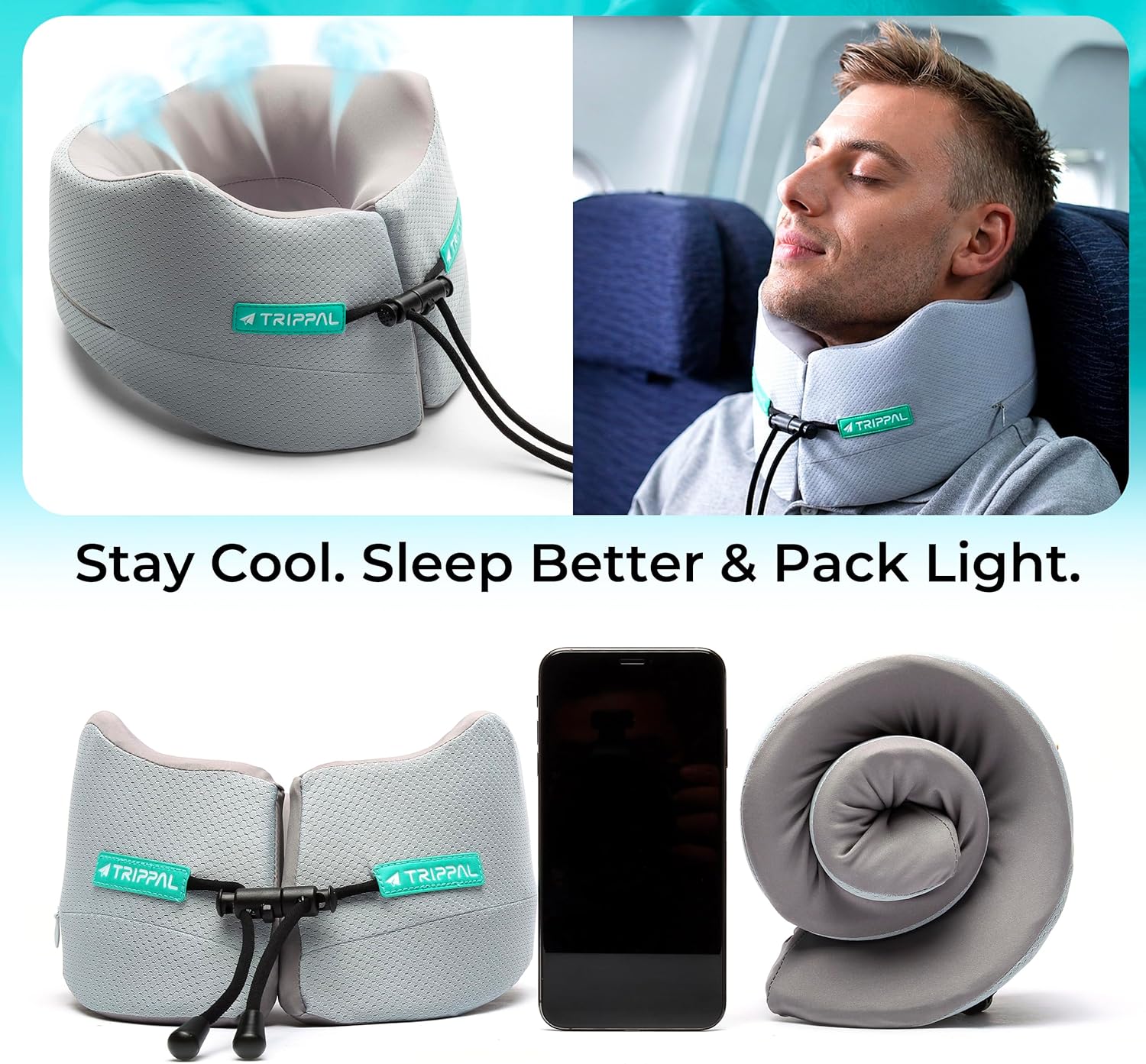 Trippal Neck Support Travel Pillow for Airplane: Firm Core Memory Foam Supports 8 lbs Without Collapsing - 360° Chin & Neck Support Prevent…