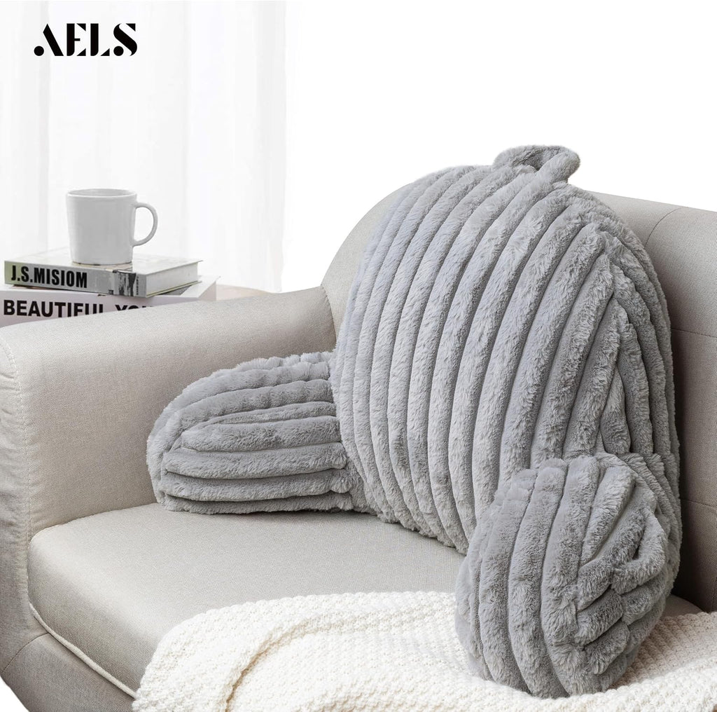 Aels Large Reading Pillow Replacement Cover with Arms and Pockets (Cover ONLY), 18" Soft Faux Fur Striped Backrest Pillow Cover Fits Standa…