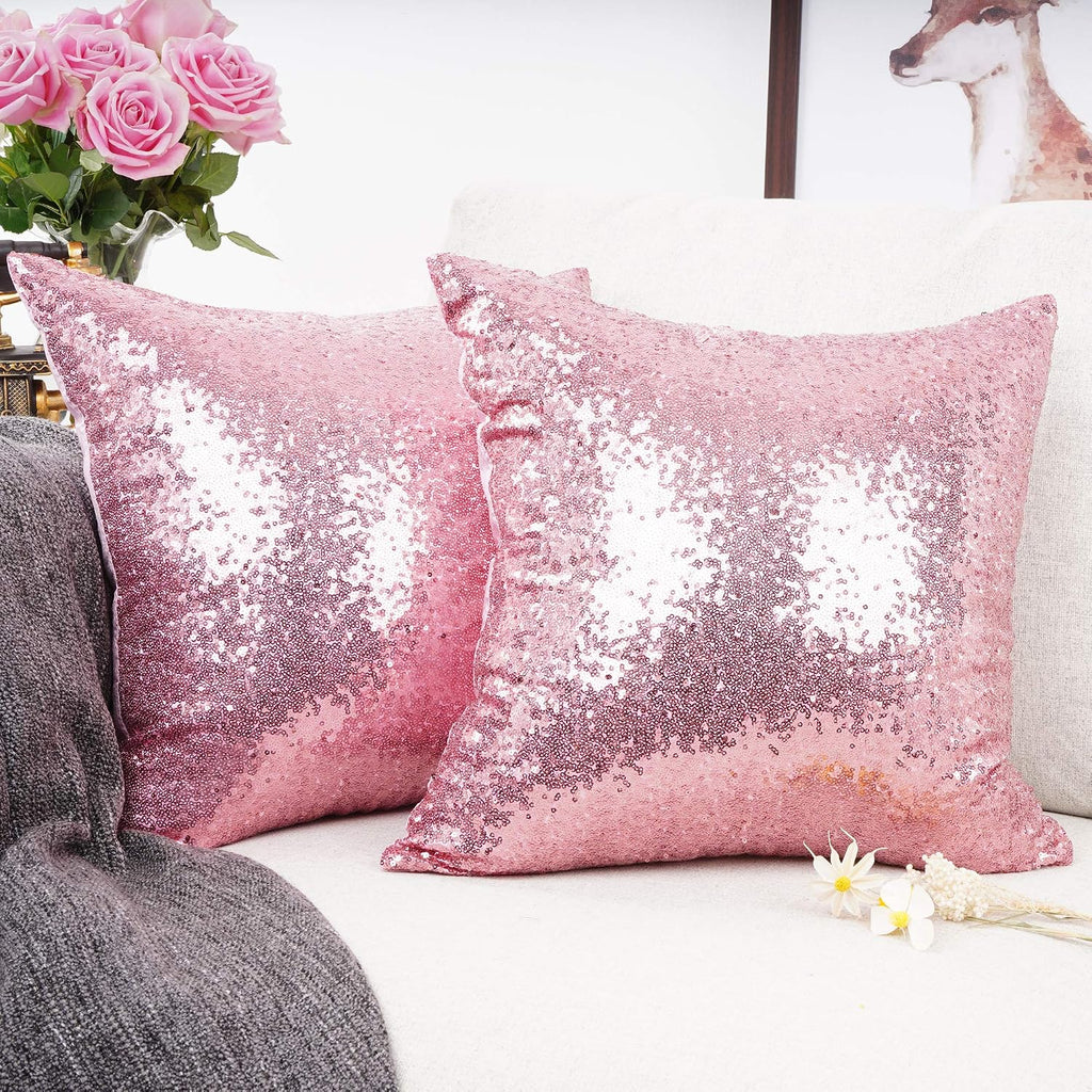 YOUR SMILE Pack of 2 New Luxury Series Pink Bling Decorative Glitzy Sequin & Comfy Satin Solid Throw Pillow Cover Cushion Case for…