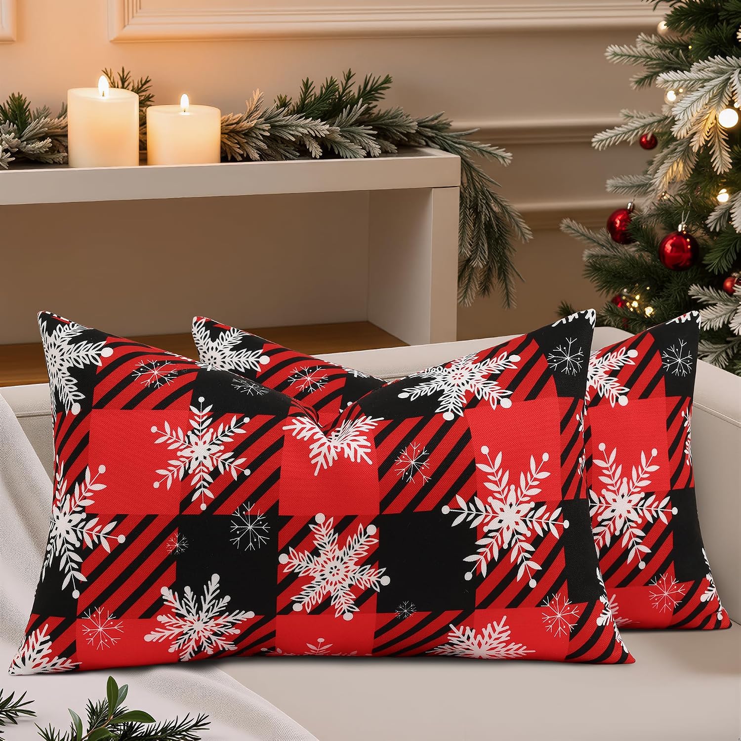 decorUhome Summer Black and Red Snowflake Linen Decorative Throw Pillow Covers 12x20 Set of 2 Lumbar Buffalo Plaid Check Farmhouse Gingham…