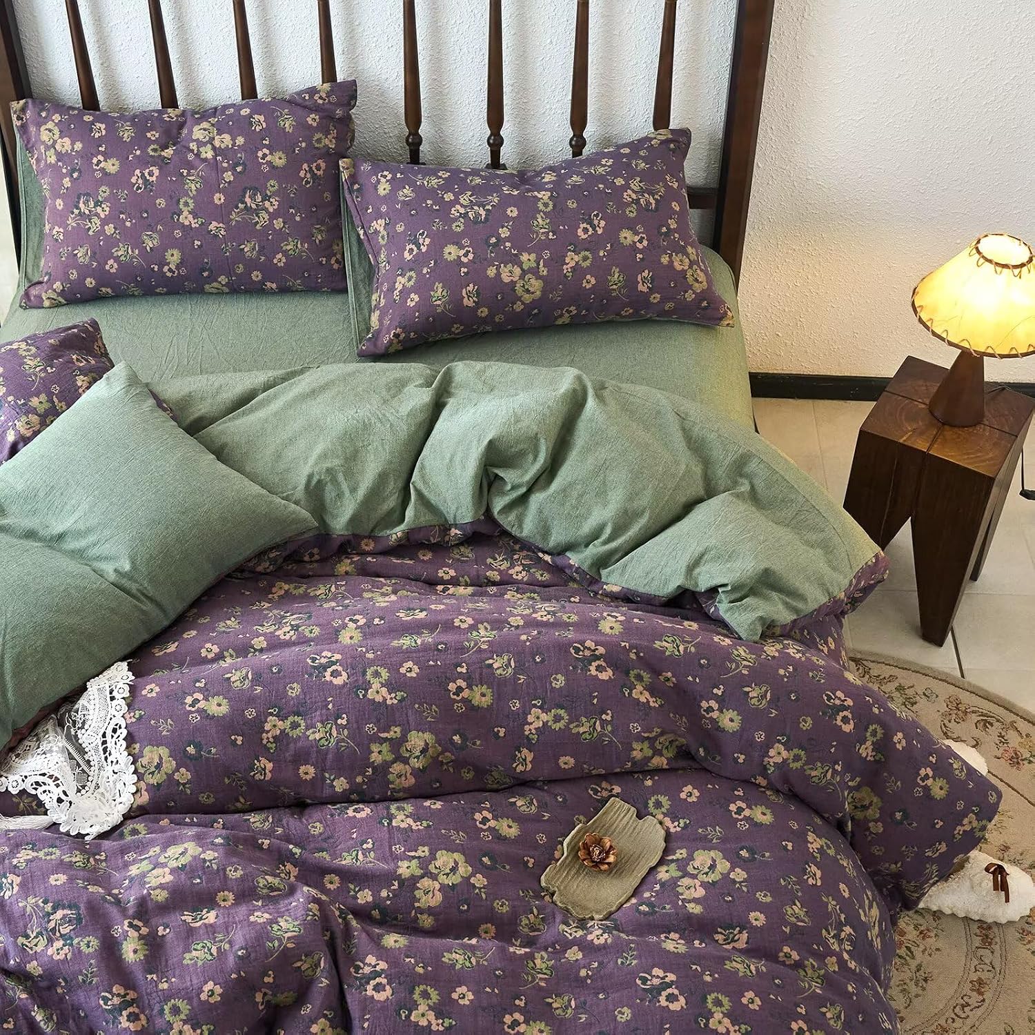mixinni Vintage Floral Duvet Cover King Set - Purple & Green Reversible Jacquard, 100% Yarn-Dyed Double-Layer Cotton, Breathable Luxury Bed…