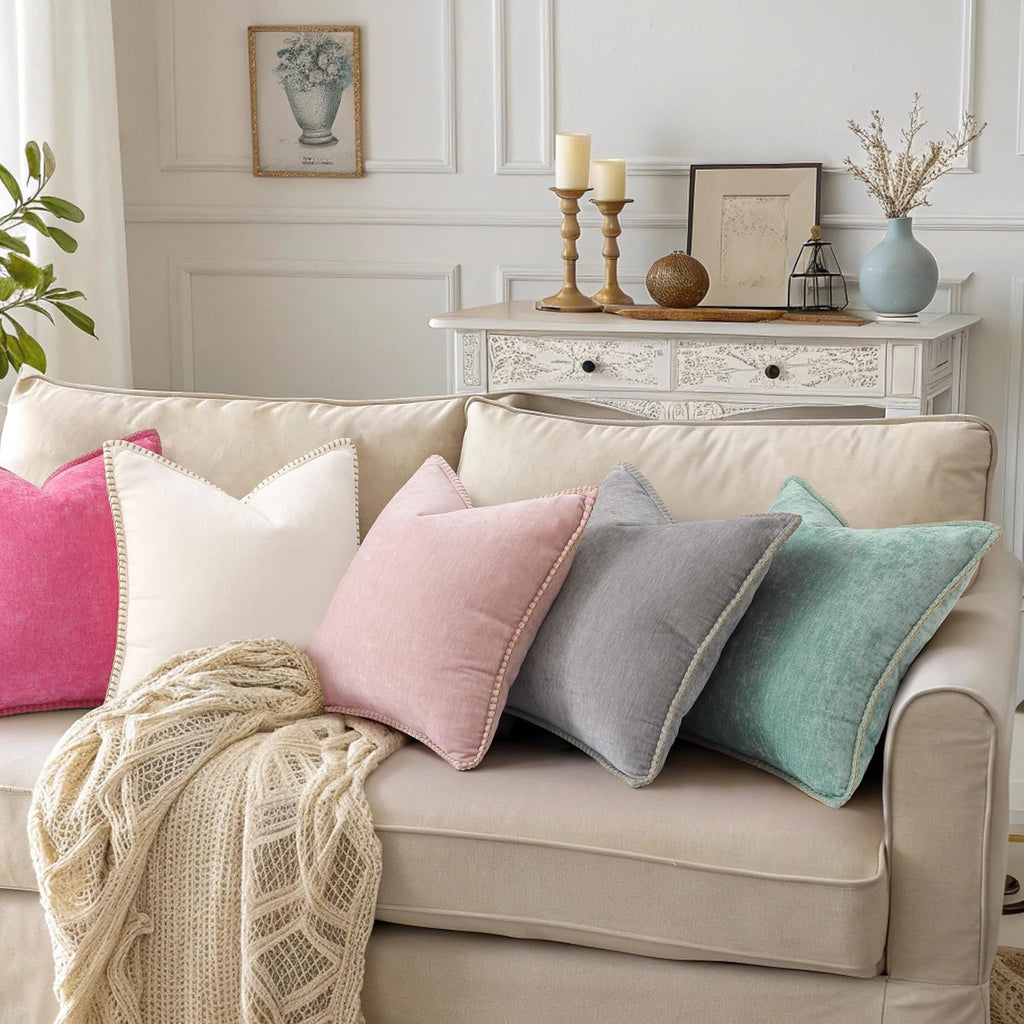 decorUhome Chenille Soft Cozy Throw Pillow Covers 18x18 Set of 2, Modern Farmhouse Boho Velvet Decorative Pillow Cases with Stitched Edge f…