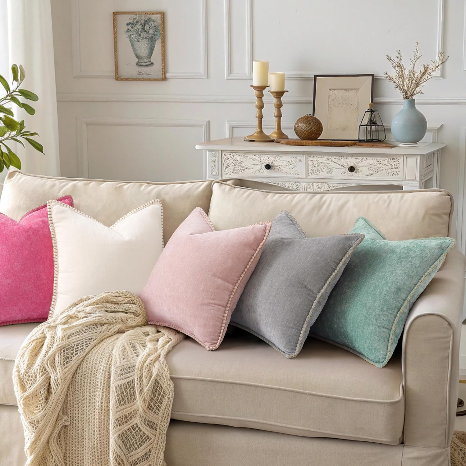 decorUhome Chenille Soft Cozy Throw Pillow Covers 18x18 Set of 2, Modern Farmhouse Boho Velvet Decorative Pillow Cases with Stitched Edge f…