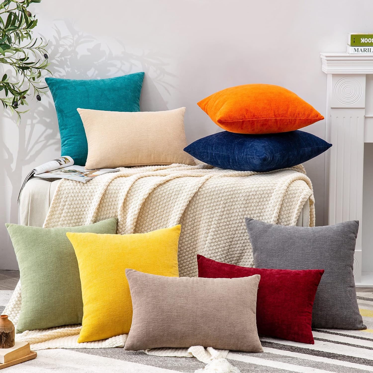 Gawamay Decorative Square Throw Pillow Covers Set of 2 for Sofa, Super Soft Chenille Farmhouse Pillowcases for Living Room Bedroom Home Dec…