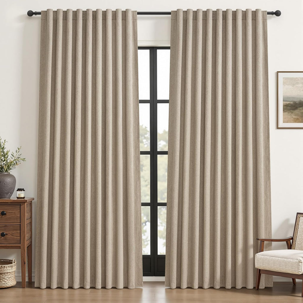 Qjmydeco Blackout Curtains 60 Inches Extra Wide Grey Beige Linen Curtains 84 Inch Length for Living Room, Pleated Farmhouse Bedroom Thermal…