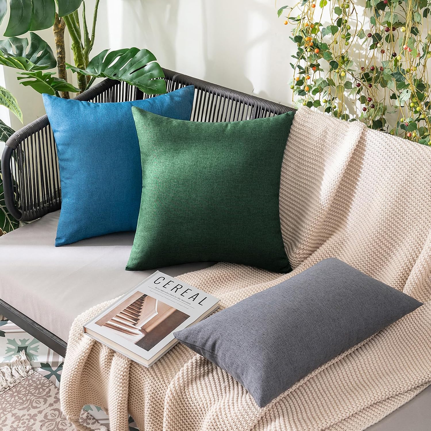 Miulee Pack of 2 Decorative Outdoor Solid Waterproof Throw Pillow Covers Faux Linen Garden Farmhouse Cushion Cases for Patio Tent Balcony C…