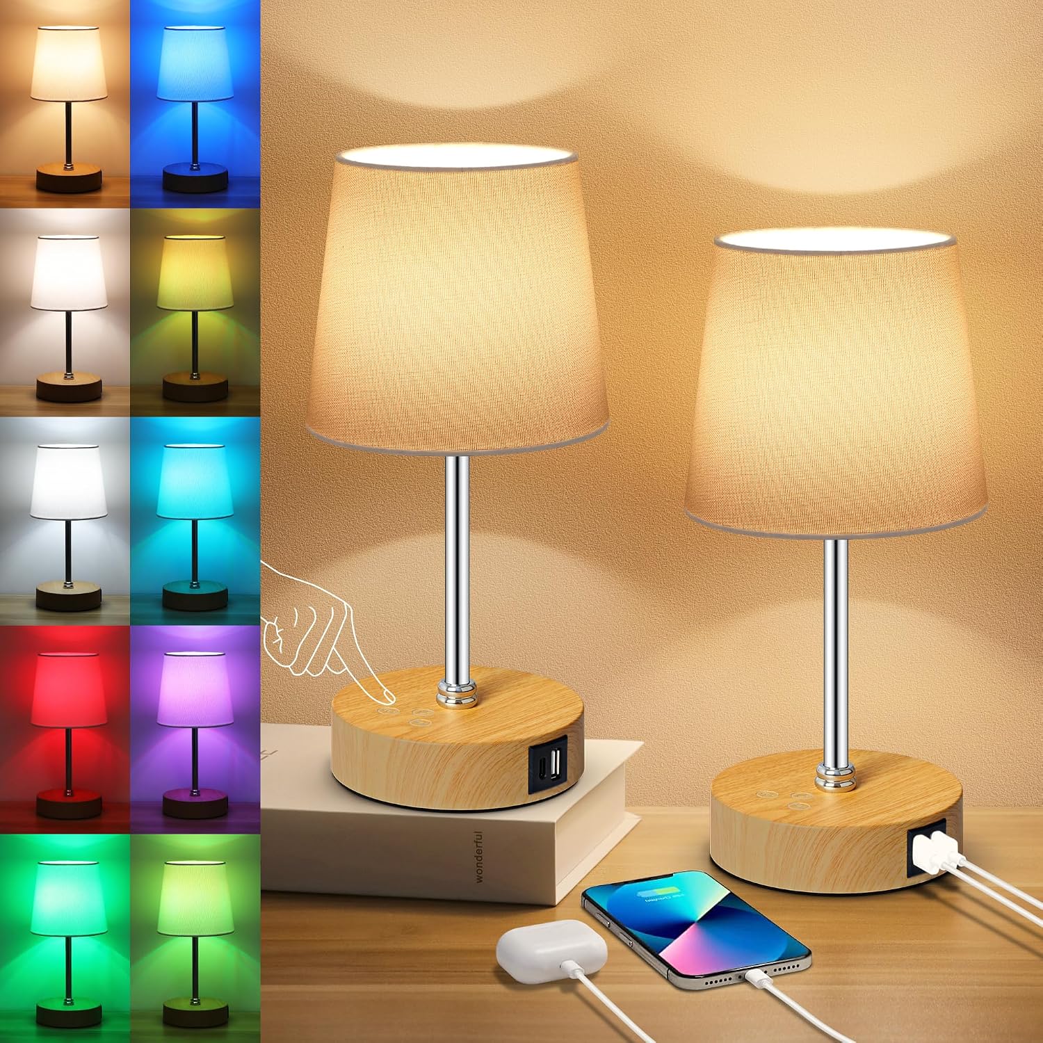 Ascher Small Bedside Table lamp Set of 2, RGB Color Changing Lamps, 3 Color Temperatures, Stepless Dimmable, Nightstand Lamp with USB C+A…