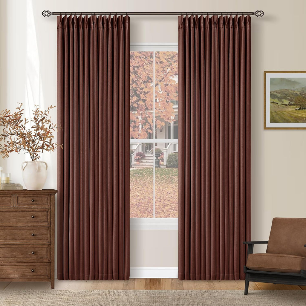 Twodrapes Chestnut Brown Pleated Linen Blackout Curtains 84 Inches Long for Bedroom Living Room Pinch Pleat Black Out Thermal Insulated Rin…