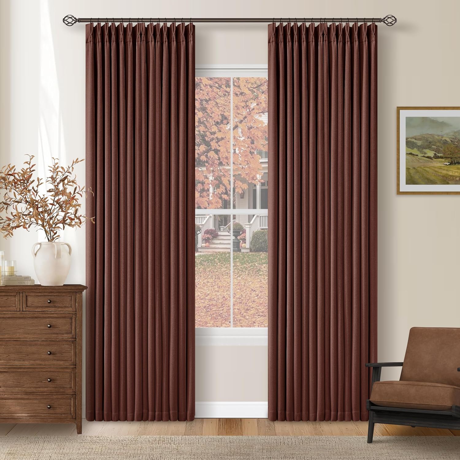 Twodrapes Chestnut Brown Pleated Linen Blackout Curtains 84 Inches Long for Bedroom Living Room Pinch Pleat Black Out Thermal Insulated Rin…