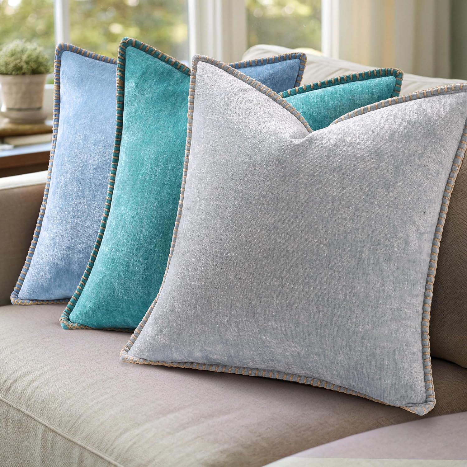 decorUhome Chenille Soft Cozy Throw Pillow Covers 24x24 Set of 2, Modern Farmhouse Boho Velvet Decorative Euro Sham Pillow Cases with Stitc…