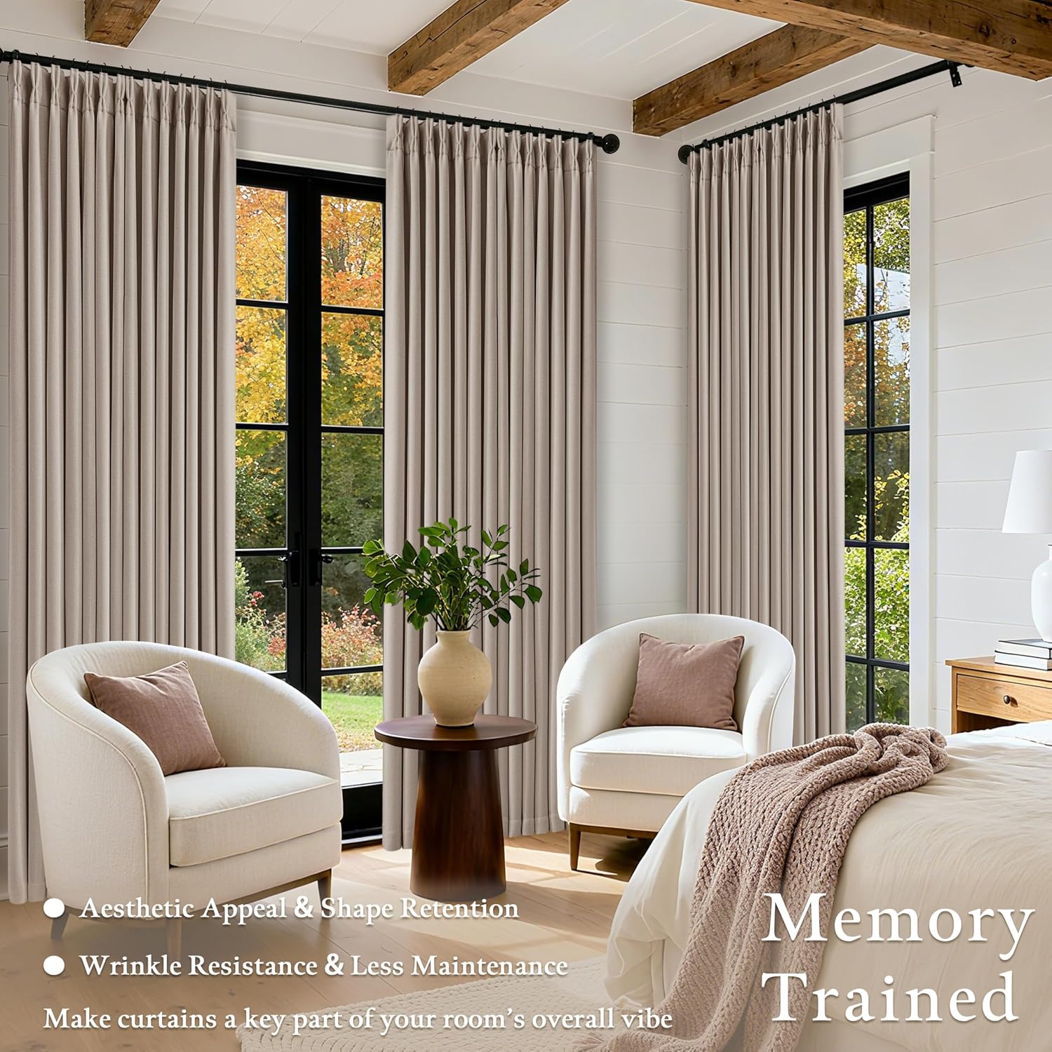Twodrapes Viral Pleated Blackout Burlap 120 Inch Long Curtains Neutral Pinch Pleated Taupe Burlywood Birch Linen Double Layer 100% Black Ou…