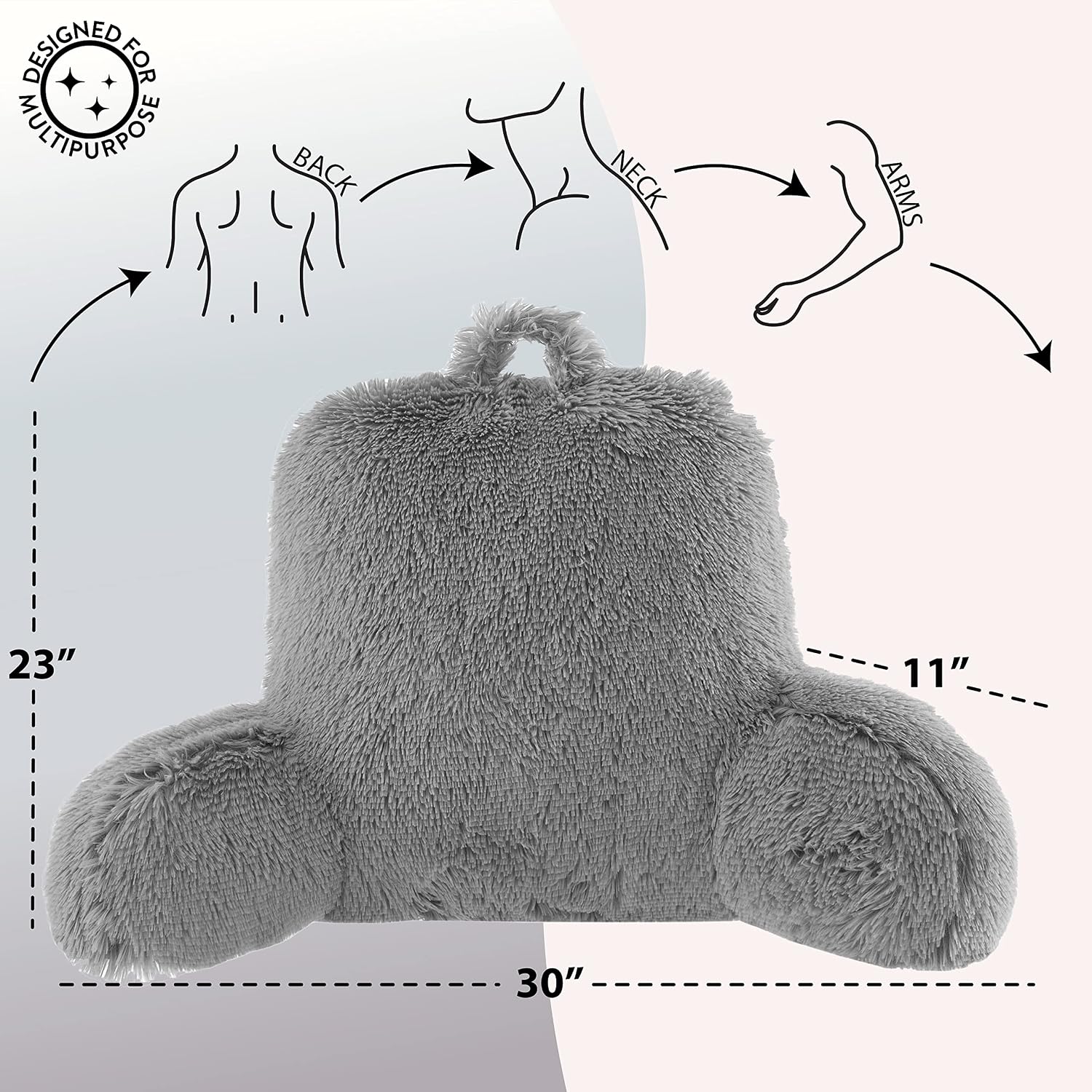 Urban Lifestyle Decorative and Supportive Backrest Reading Bed Pillow, Ultra Soft Long Hair Faux Fur Reverse to Mink Fabric, Grey