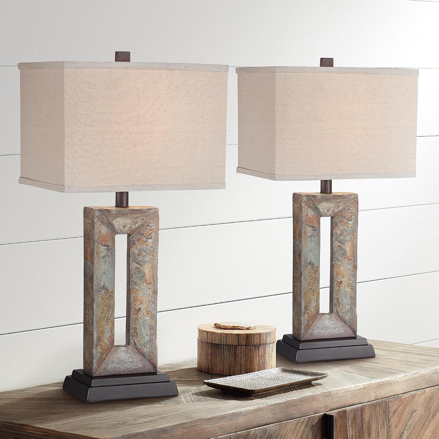 Franklin Iron Works Tahoe Small Rustic Traditional Style Table Lamps 26" High Set of 2 Natural Stale Open Base Rectangular Box Shade for…
