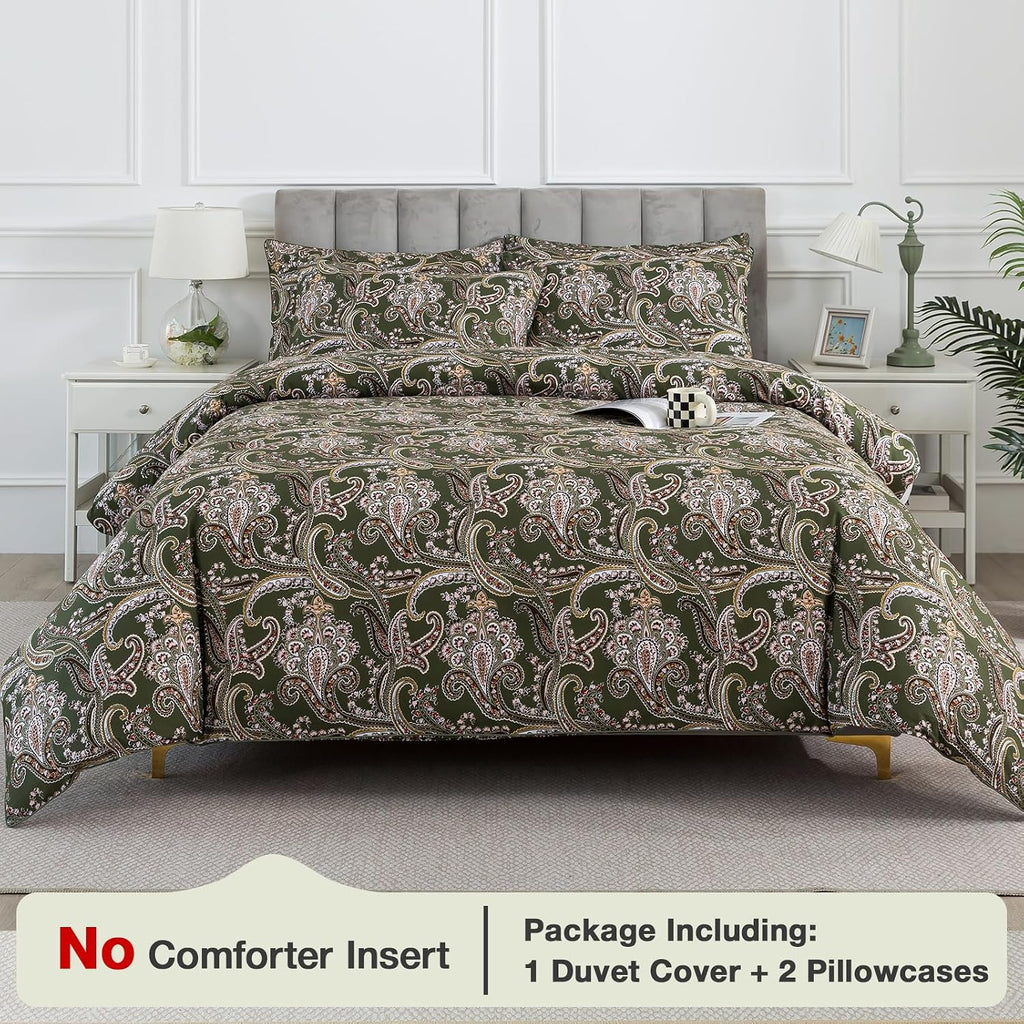 Puralens Vintage Paisley Floral Green Duvet Cover King 100% Cotton, Shabby Flower Printed Chic Crisp Percale Comforter Cover Set, Farmhouse…