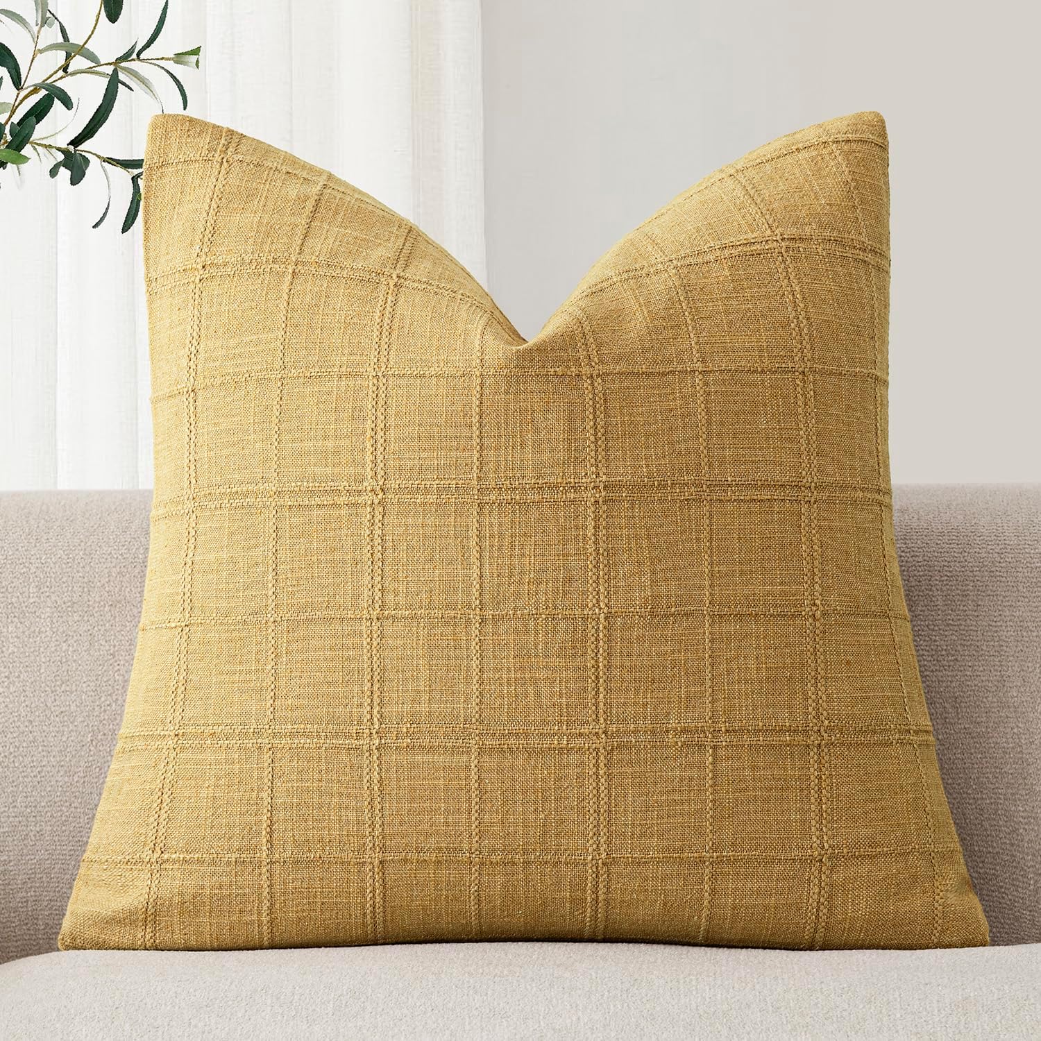 Foindtower Set of 1 Decorative Linen Check Throw Pillow Cover Neutral Farmhouse Vintage Cushion Cover Modern Boho Accent Home Decor for…