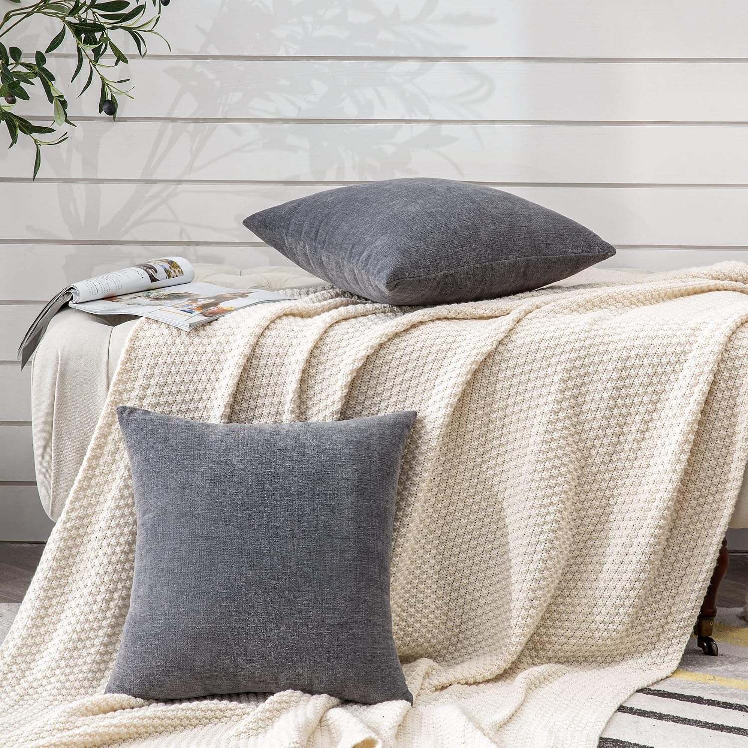 Gawamay Decorative Chenille Throw Pillow Covers 24x24 Inch Pack of 2, Soft Square Couch Pillow Cover for Sofa Cushion Living Room Bedroom S…