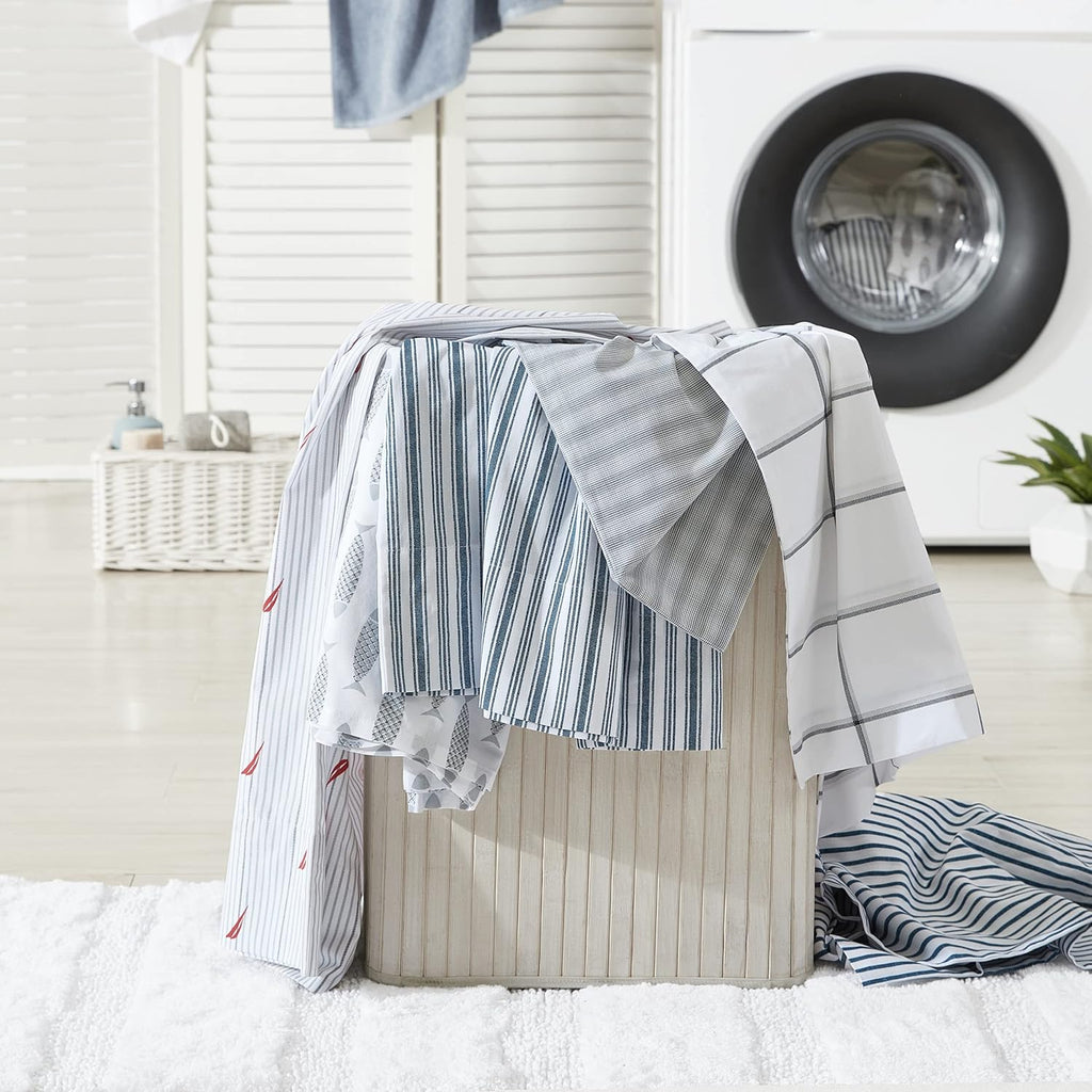 Nautica Full Size Sheet Sets, Cotton Percale Bedding Set, Crisp & Cool, Coastal Home Decor (Woodblock Fish Grey, Full) Cotton Grey