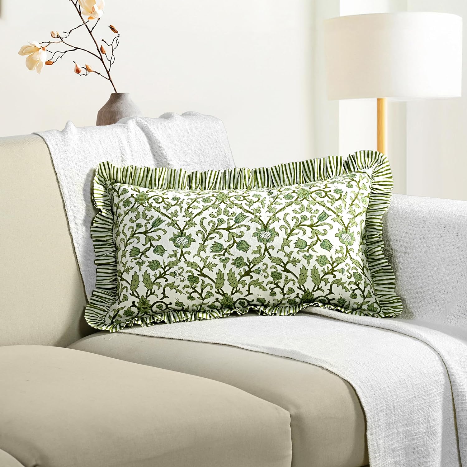 Cottonprintclub CPC Hand Block Print Meadow Vine Ruffle Sham Pillow Cover 20" x 12" inch Hidden Zipper Decorative Pillowcase for Couch, Bed…