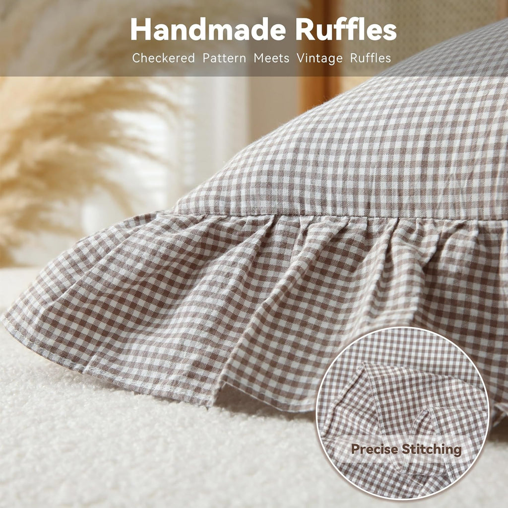 Jilboo Gingham Pillow Covers (2 Pack) - 18x18 Inches Brown/White Plaid, 100% Washed Cotton Vintage Ruffle Decorative Throw Pillowcases with…