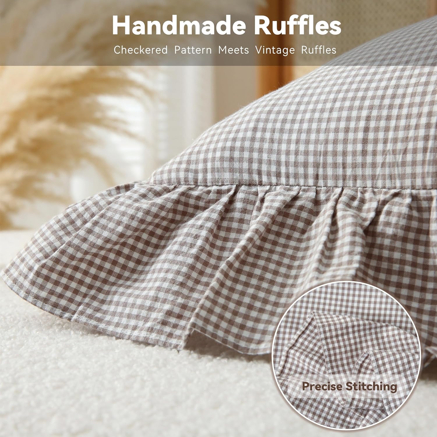 Jilboo Gingham Pillow Covers (2 Pack) - 18x18 Inches Brown/White Plaid, 100% Washed Cotton Vintage Ruffle Decorative Throw Pillowcases with…