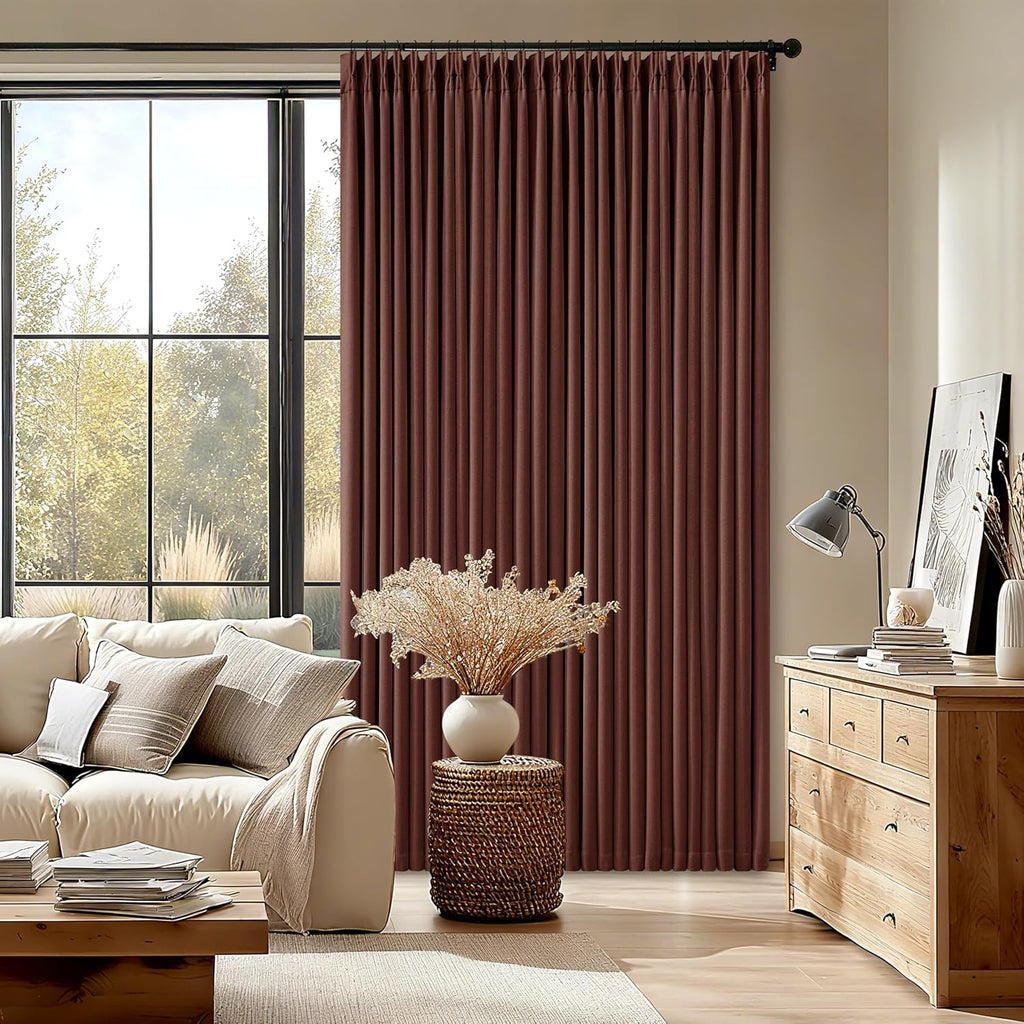 Twodrapes Maroon Blackout Pinch Pleated Linen Curtains 105 Inches Long for Living Room 2 Panels Thermal Insulted Dual Layer Drapes Ceiling…