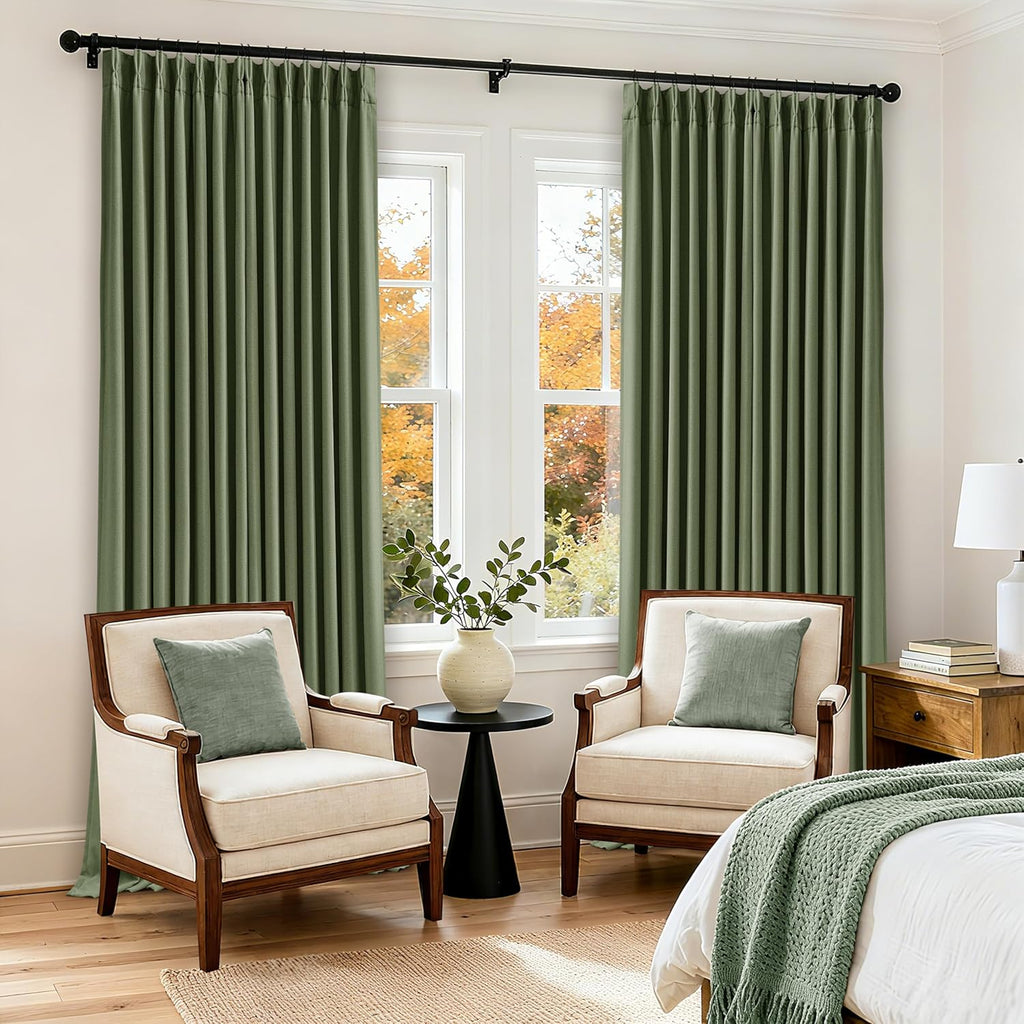 Twodrapes Pleated Blackout Olive Green Curtains 96 Inches Long 2 Panels Set for Bedroom Living Room Darkening Linen Blend Back Tab Pinch Pl…