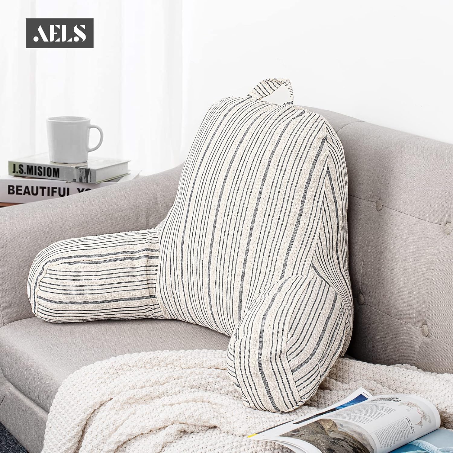 Aels Reading Pillow Replacement Cover (No Insert) with Arms and Pockets, 18" Beige with Gray Stripes Textured Backrest Pillow Cover Fits St…