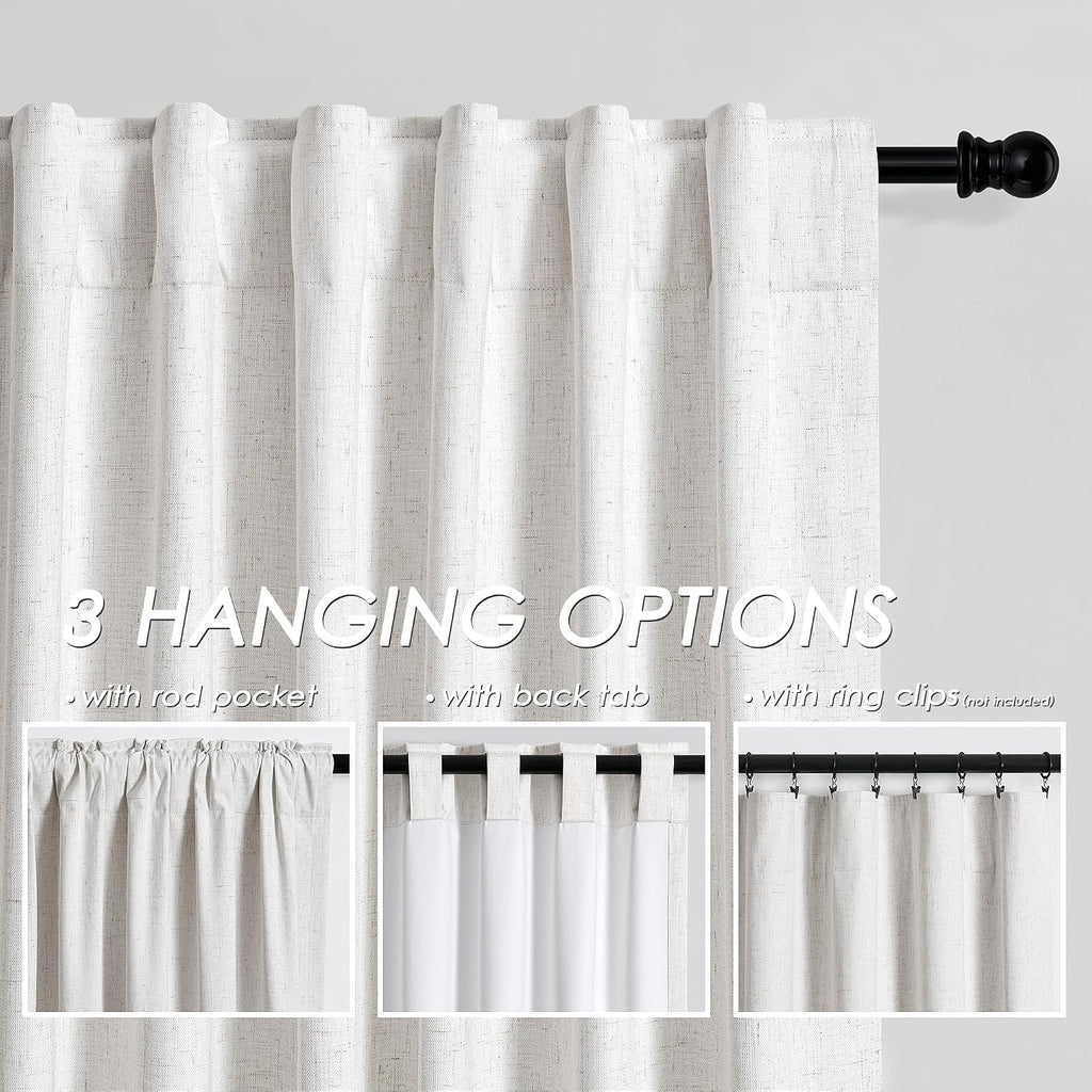 Nanspring Cream 100% Blackout Linen Curtains for Bedroom 120 Inches Long Back Tab Thermal Insulated Neutral Boho Farmhouse Decor Black Out…