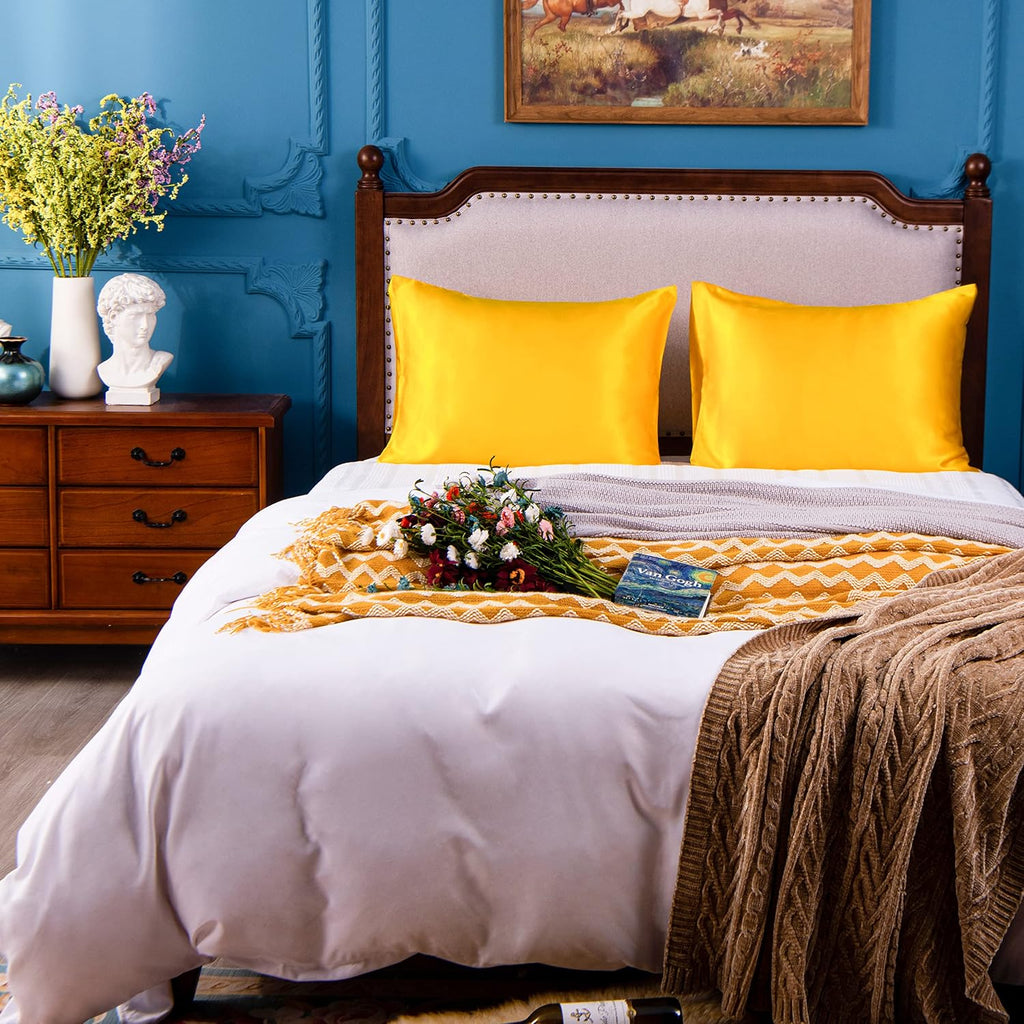 Ntbay 2 Pack Satin Standard Pillowcases for Hair and Skin, Luxurious and Silky Pillow Cases with Envelope Closure, 20x26 Inches, Yellow 2 P…