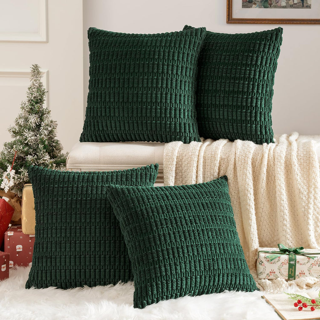 Miulee Pack of 4 Christmas Dark Green Corduroy Decorative Throw Pillow Covers 18x18 Inch Soft Boho Striped Pillow Covers Modern Farmhouse H…