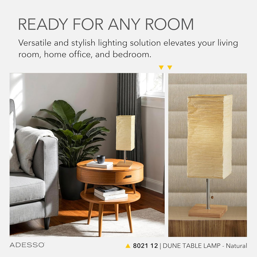 Adesso 26” Table Lamp with Natural Wood Base, Brushed Steel Finish & Crinkle Paper Shade – Perfect Lighting for Bedroom, Living Room and…