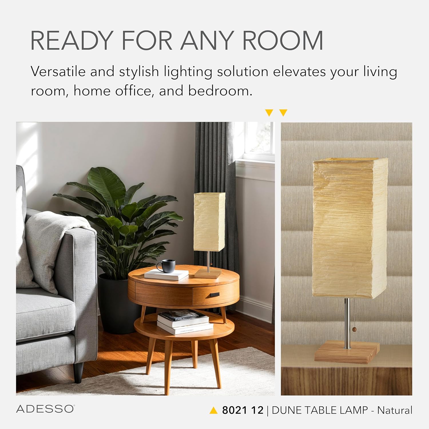Adesso 26” Table Lamp with Natural Wood Base, Brushed Steel Finish & Crinkle Paper Shade – Perfect Lighting for Bedroom, Living Room and…
