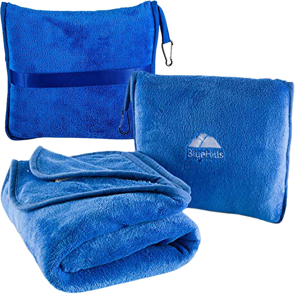BlueHills Premium Soft Travel Blanket Pillow Airplane Blanket Packed in Soft Bag Pillowcase with Hand Luggage Belt and Backpack Clip…