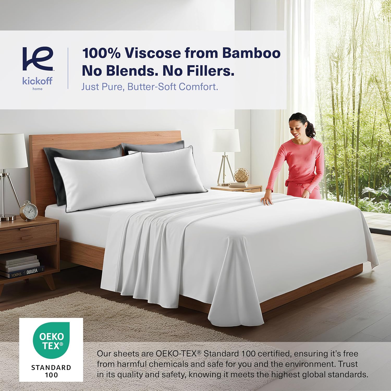 KickoffHome Kickoff Viscose Bamboo Pillowcase, Standard, Set of 2, 100% Organic Hidden Zippered Viscose Bamboo Pillow Case Standard Size, C…