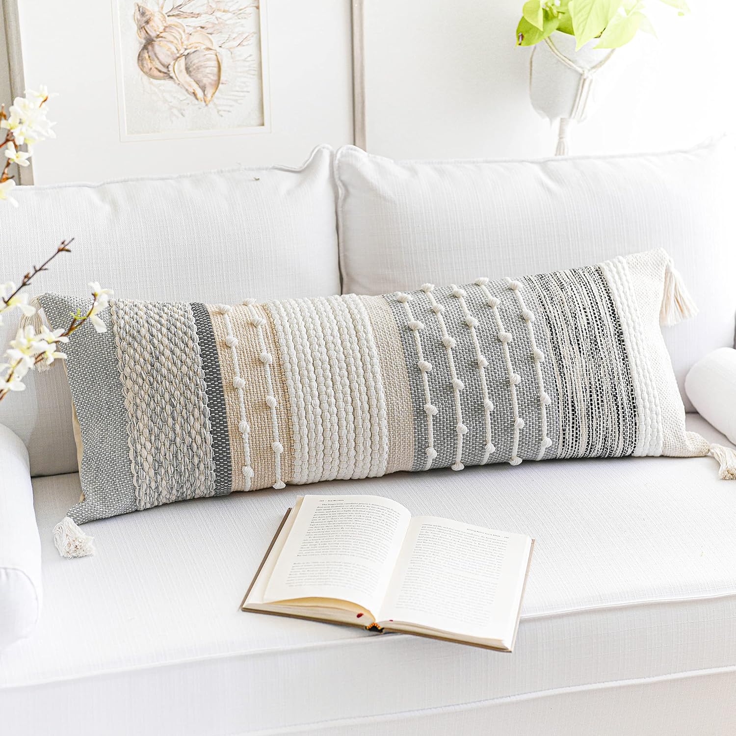 BlissBlush Gray Boho Lumbar Throw Pillow Cover 14x36 Grey Accent Long Body Lumbar Pillow for Bed Decorative Modern Bohemian Woven…