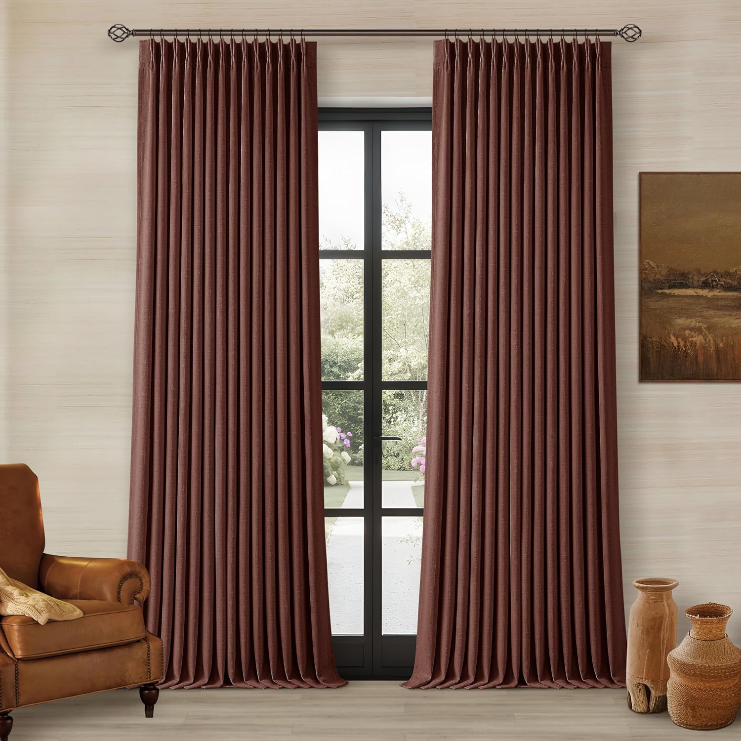 Twodrapes Chestnut Brown 96 Inch Blackout Pinch Pleated Curtains 2 Panel Set for Living Room Darkening Thick Linen Textured 100% Black Out…