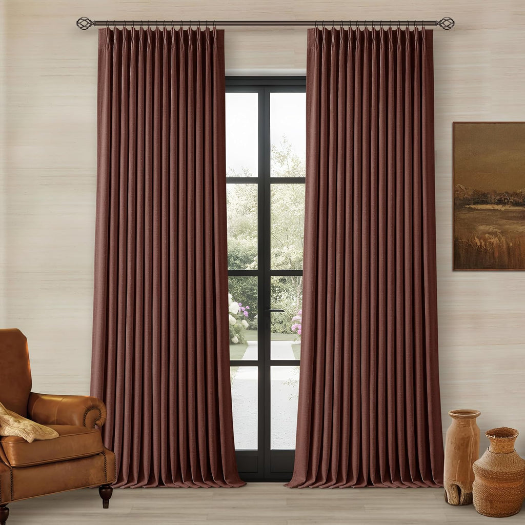 Twodrapes Chestnut Brown Linen Pinch Pleated Blackout Curtains 108 Inches Long for Bedroom Pleated 100% Black Out Drapes with Liner Rust Fa…