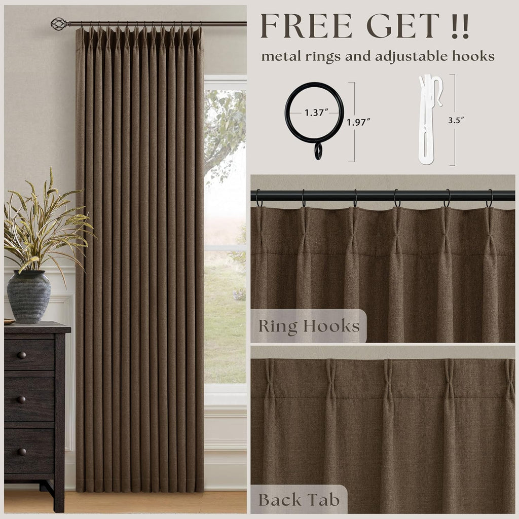 120 Inch Pinch Pleat Drapes Brown Room Darkening Curtains 120 Inches Long for Bedroom Rustic Cottagecore 100% Blackout Thick Linen Double…