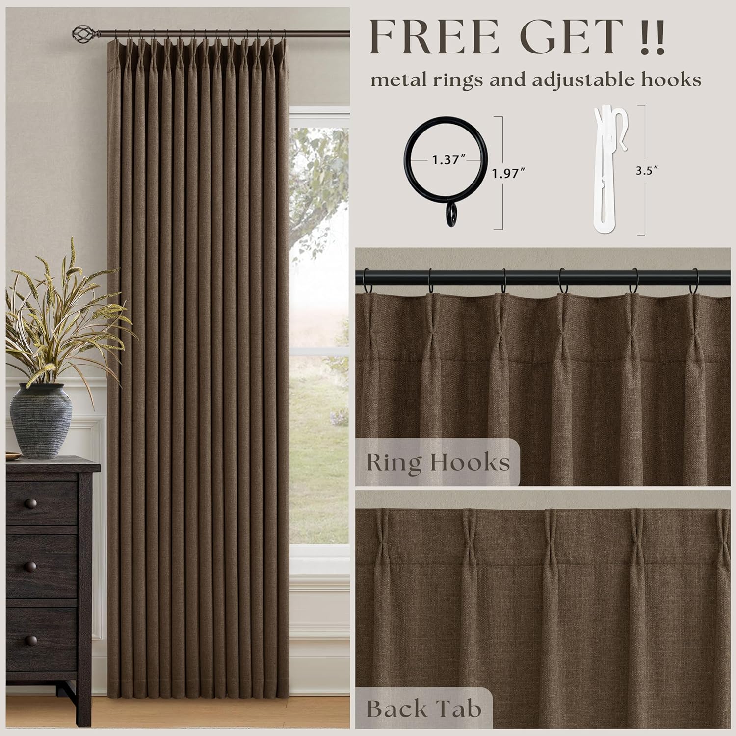 Dutch Cocoa Blackout Pinch Pleat Curtains 84 Inches Long 2 Panels for Living Room Bedroom 100% Black Out Linen Dual Layer Pleated with…