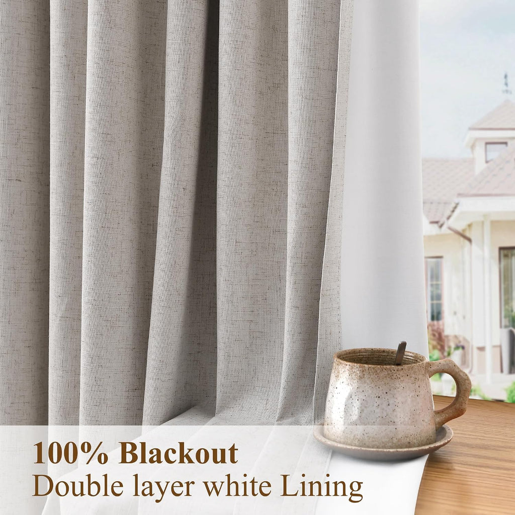 Boodii Beige 100% Blackout Linen Pinch Pleated Curtains 108 Inches Long 2 Panels Full Black Out Farmhouse Boho 9 Ft Thermal Insulated with…