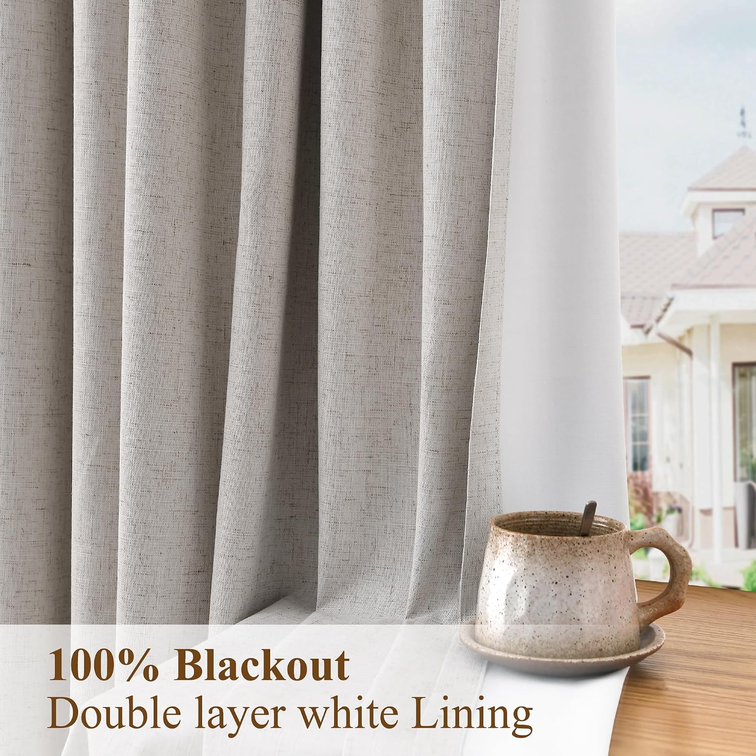 Boodii Beige 100% Blackout Linen Pinch Pleated Curtains 108 Inches Long 2 Panels Full Black Out Farmhouse Boho 9 Ft Thermal Insulated with…