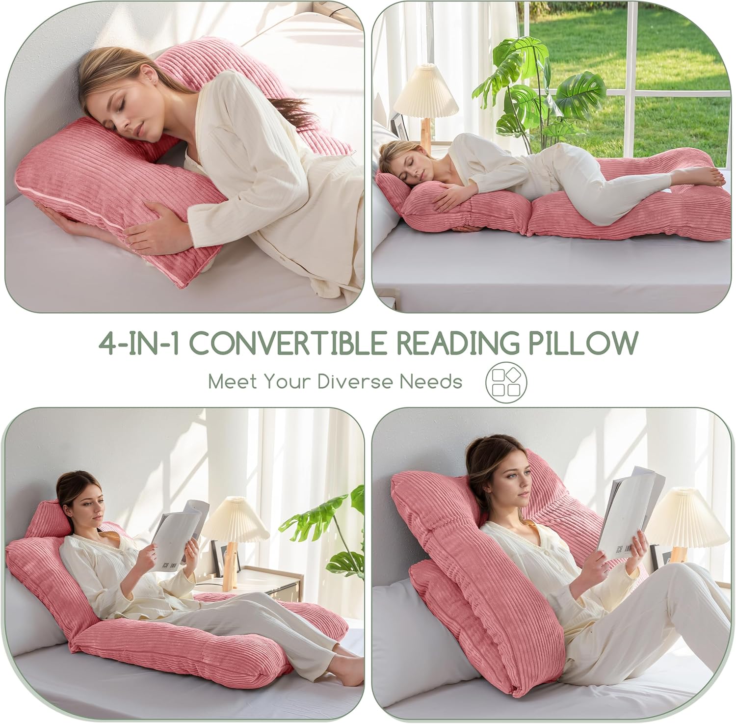 Higogogo Reading Pillow, Back Pillow for Sitting in Bed and Couch, Gaming Pillow for Adults, Sit Up Support for Bed, Pink Pink