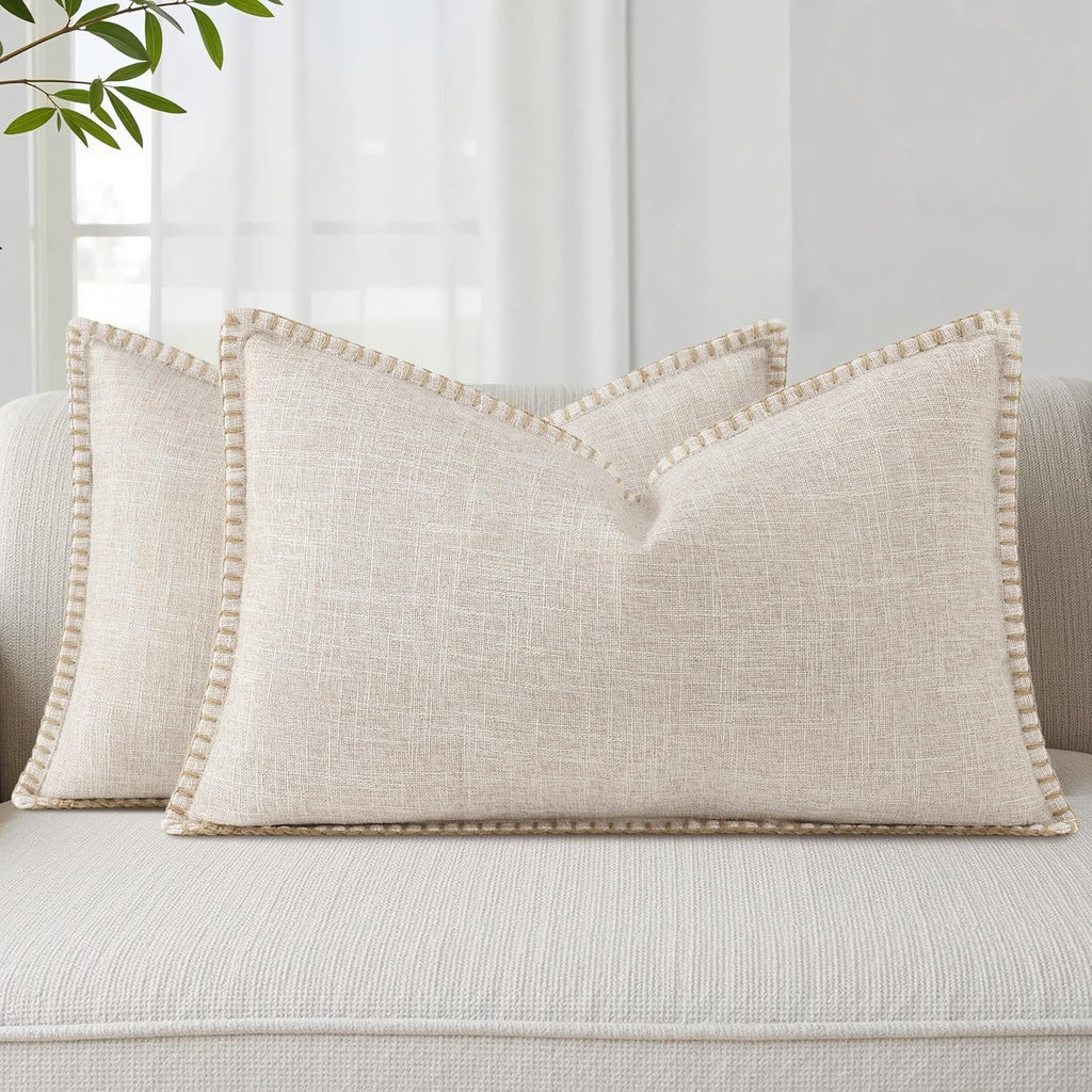 decorUhome Summer Decorative Throw Pillow Covers 12x20 Set of 2 Lumbar Faux Linen Outdoor Neutral Farmhouse Pillow Covers with Stitched…