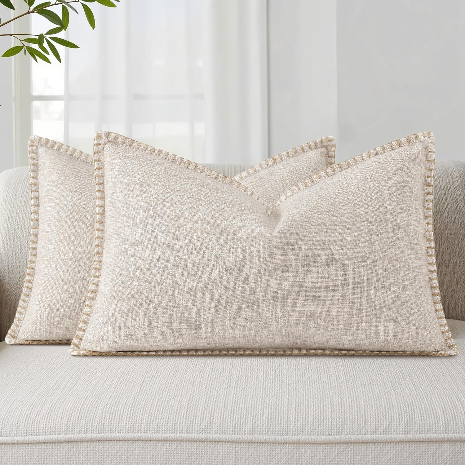 decorUhome Summer Decorative Throw Pillow Covers 12x20 Set of 2 Lumbar Faux Linen Outdoor Neutral Farmhouse Pillow Covers with Stitched…