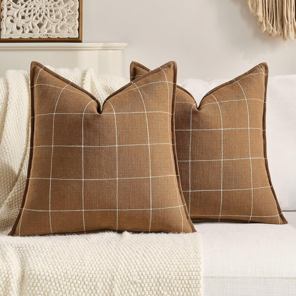 Farmhouse Dark Brown Plaid Throw Pillow Covers 20x20 Set of 2, Brown Boho Decor 20 x 20 Check Pillow Covers, Modern Farmhouse Tan Plaid…