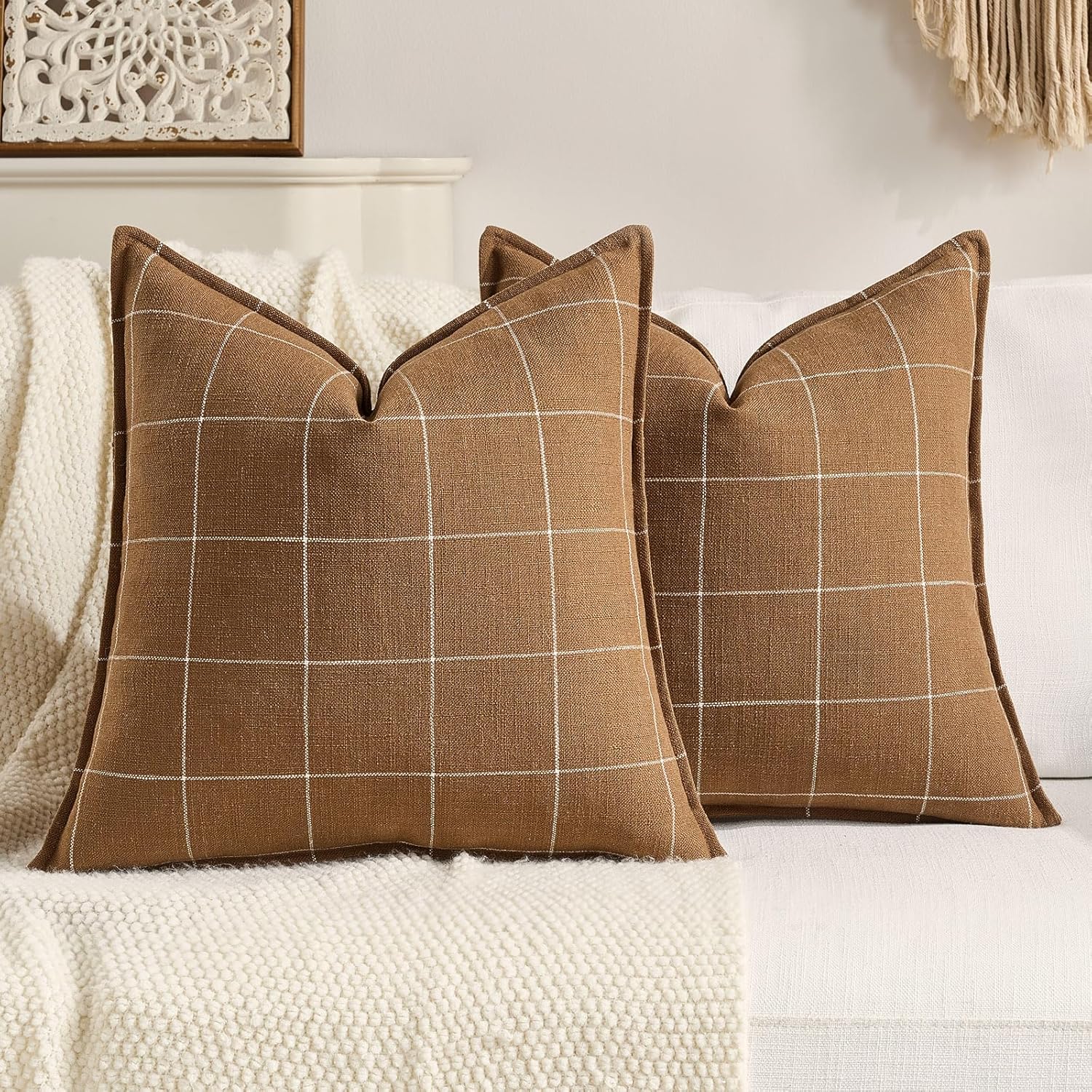 Dark Brown Plaid Throw Pillow Covers 18x18 Set of 2, Farmhouse Brown Bed Decorative Throw Pillows Plaid Cushion Covers 18 x 18, Vintage…