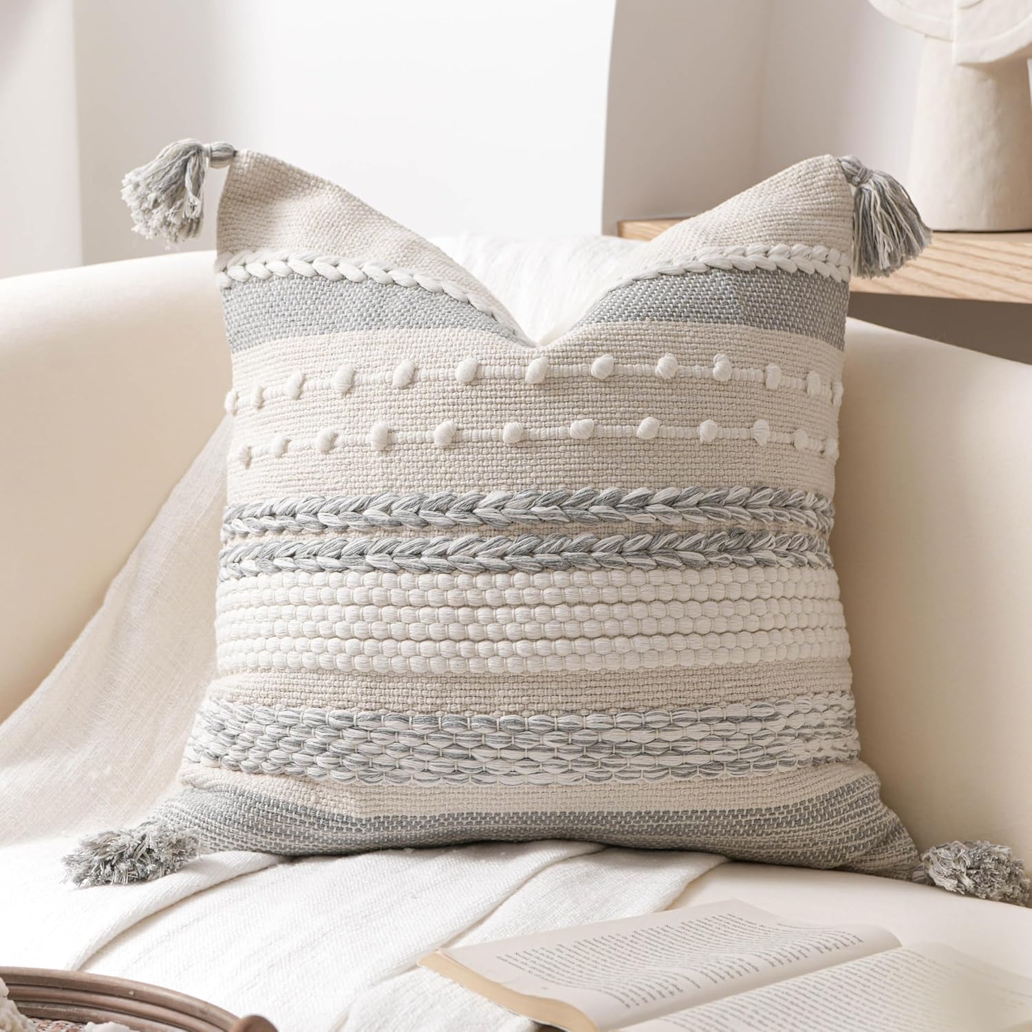 BlissBlush Gray Boho Decorative Throw Pillow Cover 18x18 Square Farmhouse Accent Cushion for Couch Sofa Livingroom Bedroom Pillowcase…