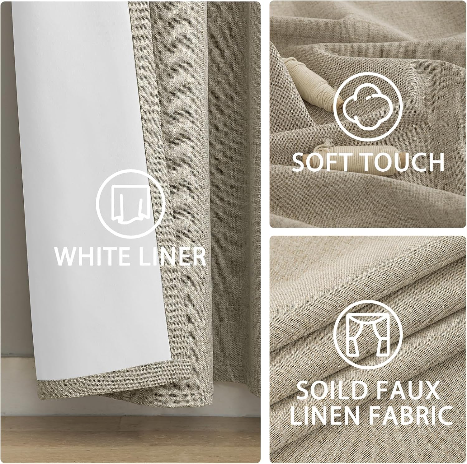 Yakamok Natural Linen Curtains 100% Blackout 63 Inches Long, Room Darkening Textured Curtains for Living Room Thermal Grommet Bedroom Curtai…